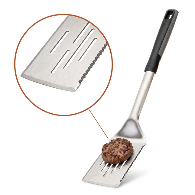 Cheqo® BBQ Spatel RVS Zwart - Barbecuespatel - Grillspatel - Bakspatel - Hamburgerspatel - Vleesspatel - Visspatel - Keerspatel - Bakspaan - Keukenspatel - Pannenkoekspatel - Serveerspatel - Spatel met Gleuven - Spatel voor Vlees en Vis - Hero Studio