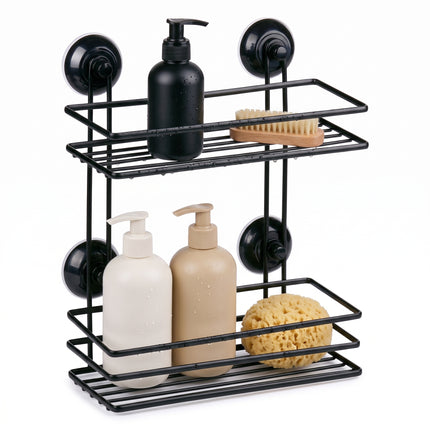 Cheqo® Badkamerrek 2 Laags - Doucherek - Doucherekje - Zonder Boren - met Zuignap - Zelfklevend - Hangend - Opbergrek - Badrek - Douchemandje - Wandrek - Badkamer Organizer - voor Shampoo - voor Douche - Keukenrek - Zwart - Hero Studio