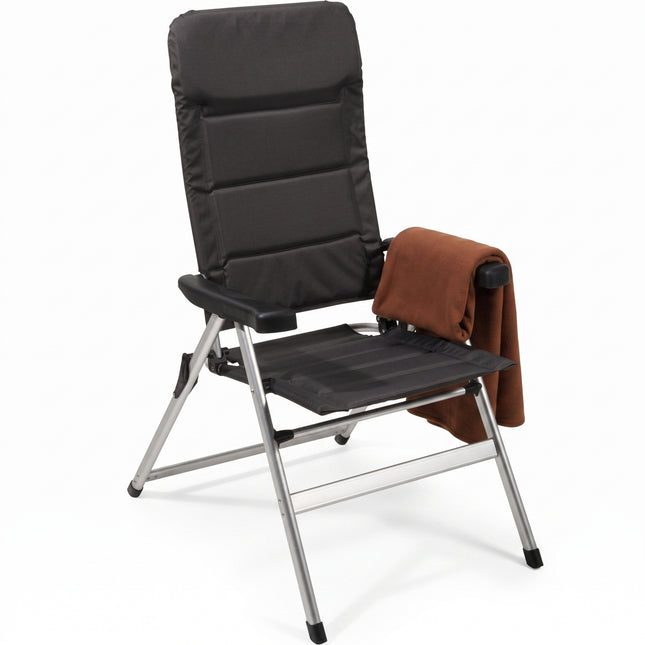Cheqo® Standenstoel - Campingstoel met Verstelbare Rugleuning - 6 Standen - Gewatteerd - Relaxstoel - Opvouwbaar - Klapstoel - Vouwstoel - Kampeerstoel - Tuinstoel - Strandstoel - Visstoel - Aluminium Frame - met Armleuningen - Zwart - Hero Studio