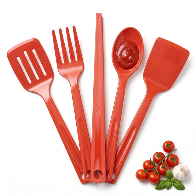 Cheqo® Keukengerei Set van 5 - Kookgerei - Spatelset - Kunststof Keukengereedschap - Keukenhulpen - Keukenbenodigdheden - Kookgereedschap - Spatel en Opscheplepel - voor Camping en Caravan - voor Studentenkamer - Hero Studio