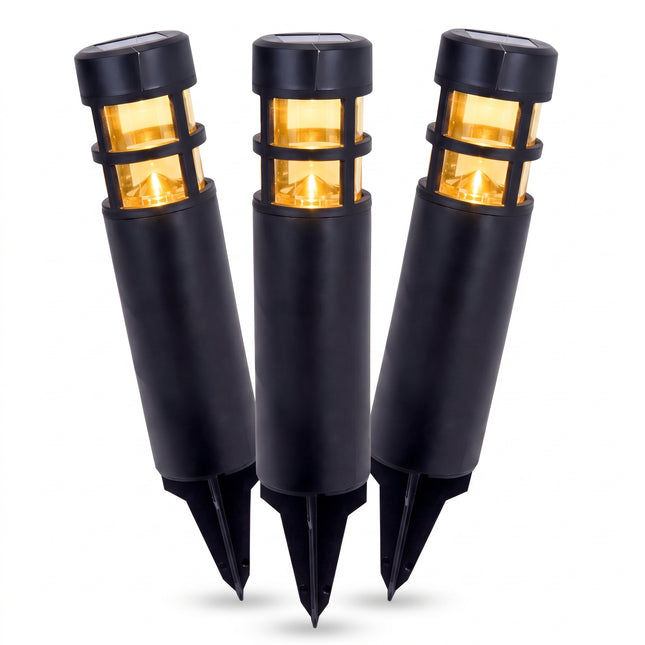Cheqo® Solar Sokkellamp Set van 3 - Tuinlamp op Zonne-energie - Sokkelverlichting - Tuinbolderlamp - Solar Lampen Buiten - Borderverlichting met Grondspies - Amber Sfeerlicht - Verlichting zonder Stroom - Buitenverlichting - Solar Tuinlampjes - Hero Studio