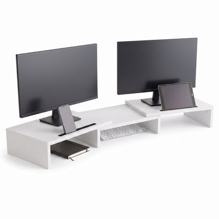 Cheqo® Monitor Standaard - Monitor Verhoger - Monitorstandaard voor 2 Schermen - Verstelbaar en Uitschuifbaar - Beeldscherm Verhoger - Beeldschermverhoger - Monitorverhoger - Laptop Standaard - Bureau Organizer voor Kantoor - Ergonomisch - Hero Studio