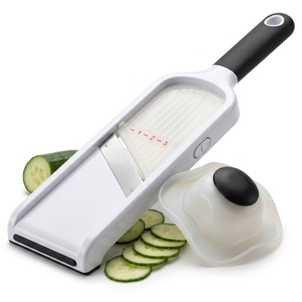 Cheqo® Mandoline - Groentesnijder - Handmandoline met Veiligheidshouder - Groenteschaaf - Keukenmandoline - Komkommerschaaf - Keukensnijder - Aardappelschaaf - Uiensnijder - Fruitsnijder - Snijhulp voor Groente en Fruit - Wit/Zwart - Hero Studio