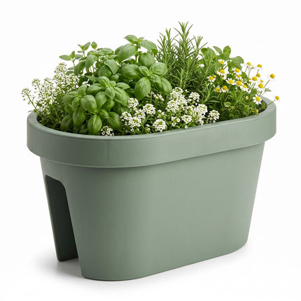 Cheqo® Balkonbak Saliegroen - Bloembak - Plantenbak voor Reling - Bloempot - Plantenpot - Hangende Plantenbak voor Balkonleuning - Ovale Balkonbak voor Buiten - Bloembak voor Balkon en Schutting - Groene Plantenbak voor Tuin en Terras - Hero Studio