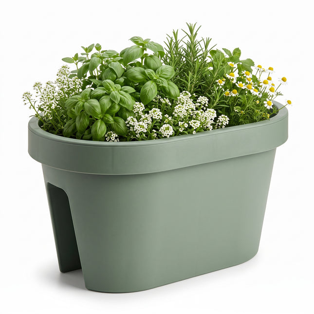 Cheqo® Balkonbak Saliegroen - Bloembak - Plantenbak voor Reling - Bloempot - Plantenpot - Hangende Plantenbak voor Balkonleuning - Ovale Balkonbak voor Buiten - Bloembak voor Balkon en Schutting - Groene Plantenbak voor Tuin en Terras - Hero Studio