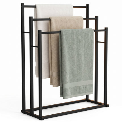 Cheqo® Handdoekrek - Handdoekenrek - Handdoekhouder Staand - Vrijstaand Handdoekrek voor Badkamer - Handdoekstang met 3 Stangen - zonder Boren - Handdoekhanger - Handdoekdroogrek - Extra Breed - voor Keuken - Badkameraccessoires - Mat Zwart - Hero Studio