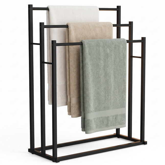 Cheqo® Handdoekrek - Handdoekenrek - Handdoekhouder Staand - Vrijstaand Handdoekrek voor Badkamer - Handdoekstang met 3 Stangen - zonder Boren - Handdoekhanger - Handdoekdroogrek - Extra Breed - voor Keuken - Badkameraccessoires - Mat Zwart - Hero Studio
