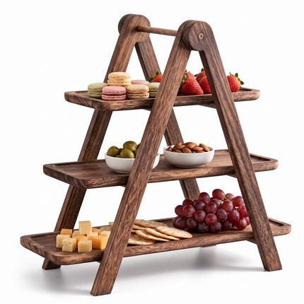Cheqo® Etagere 3 Laags - Hout - Serveertoren - Serveerschaal - Serveerplank - Hapjesschaal - Fruitschaal - Serveerplateau - High Tea - Borrelplank - Tapasplank - Taartstandaard - Cupcake Standaard - Inklapbaar - Dienblad - Kaasplank - Hero Studio