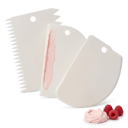 Cheqo® Deegschraper Set van 3 - Taartschraper voor Fondant en Glazuur - Deegkrabber - Deegsnijder - Spatel voor Taart en Cake - Taartkam voor Botercrème - Deegkaart - Cake Decoratieset - Garneergerei - Bakspullen - Wit - Hero Studio