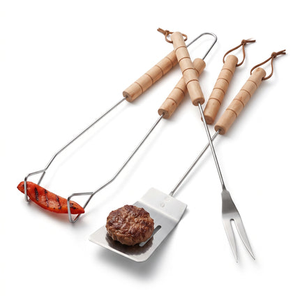 Cheqo® BBQ Gereedschapset 3-Delig - Barbecue Gereedschap met Houten Handvat - Barbecue Set - BBQ Bestek - Grillbestek - Barbecuetang - Grillspatel - Vleesvork - Barbecue Accessoires - Grill Set voor Buiten - Barbecuegerei - BBQ - Hero Studio