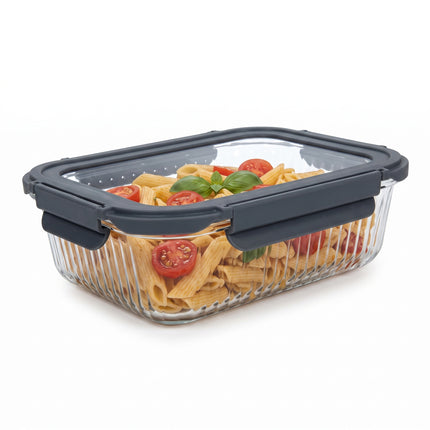 Cheqo® Glazen Vershouddoos - Vershoudbakje - Bewaardoos - Voedseldoos - Meal Prep Bakje - Voorraaddoos - Opbergdoos met Klemdeksel - Rechthoekig - Antraciet/Transparant - Grijs - voor Koelkast en Keukenkast - Eten en Restjes Bewaren - Hero Studio