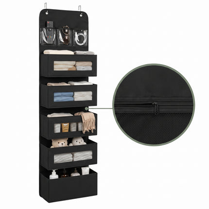 Cheqo® Deur Organizer met 5 Vakken - Hangende Opberger - Opbergzak voor Deur - Deurhanger Opberger - Hangorganizer - Deurrek - Opbergrek Hangend - Kast Organizer - Wandorganizer - Opbergtas voor Kledingkast - Slaapkamer - Kinderkamer - Zwart - Hero Studio