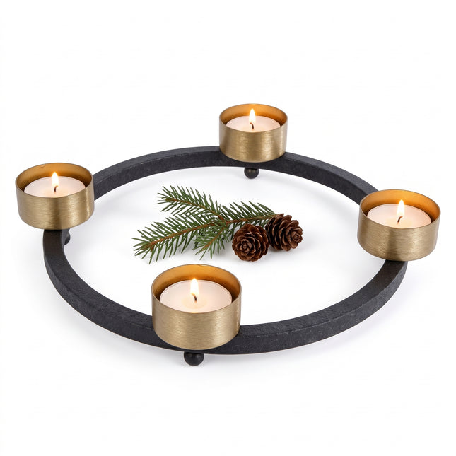 Cheqo® Theelichthouder Rond voor 4 Theelichtjes - Adventskrans Zwart Goud - Waxinelichthouder - Kaarsenhouder - Advent Kandelaar - Kerstdecoratie - Kaarsenstandaard - Tafelversiering - Herfstdecoratie - Kerstversiering - Sfeerverlichting Binnen - Hero Studio