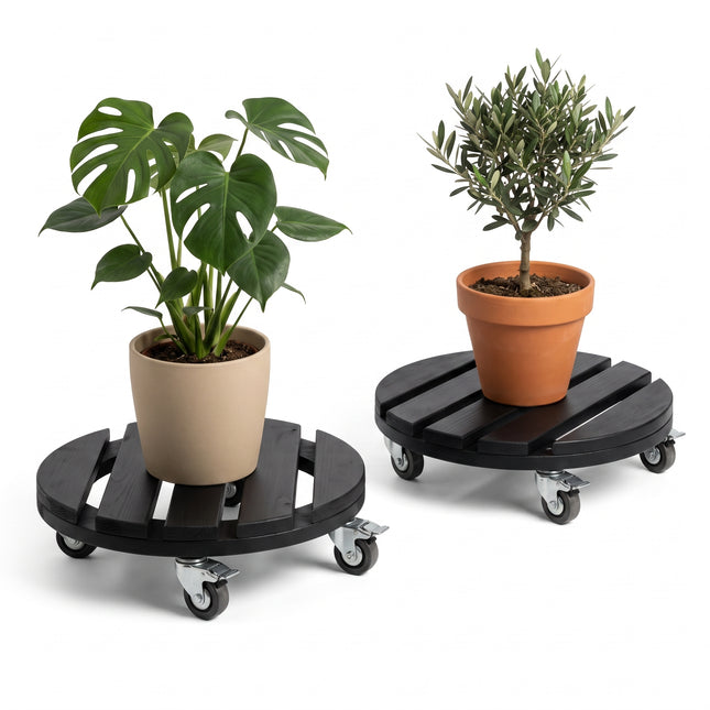 Cheqo® Plantentrolley Set van 2 - Plantenroller - Plantenonderzetter - Plantentrolley op Wieltjes - Plantenstandaard - Onderzetter voor Bloempot - Planten Trolley met Zwenkwielen en Rem - Rond - Plantenroller Hout - voor Binnen en Buiten - Zwart - Hero Studio