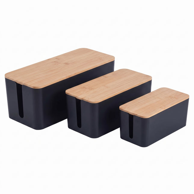 Cheqo® Kabelbox Set van 3 - Bamboe Deksel - Zwart - Hero Studio