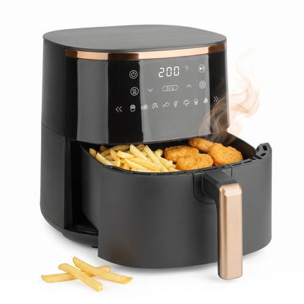 Cheqo® Airfryer - Hetelucht Friteuse - Heteluchtfriteuse - Friteuse zonder Olie - Luchtfriteuse met Digitaal Display en Touchscreen - 8 Automatische Programma's - Timer - Airfryer XL Zwart Goud - Frituurpan - Gezond Frituren voor het Hele Gezin - Hero Studio