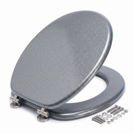 Cheqo® Toiletbril - WC Bril - Toiletzitting - Closetbril - Toiletdeksel - Glitter Toiletbril - Zilveren WC Bril - Grijze WC Bril - Toiletbril MDF - Houten Toiletbril - Universele Toiletbril - Ovale Toiletbril met Deksel - RVS Scharnieren - Hero Studio (oude v0)