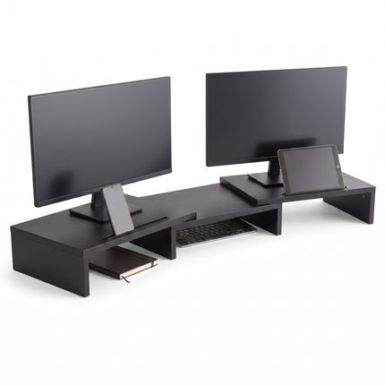 Cheqo® Monitor Standaard - Monitorstandaard - Monitor Verhoger - Beeldschermverhoger voor 2 Schermen - Verstelbaar en Uitschuifbaar - Bureau Organizer - Laptop Standaard - Bureauverhoger - Ergonomisch - Telefoonhouder - Kabelmanagement - Zwart - Hero Studio