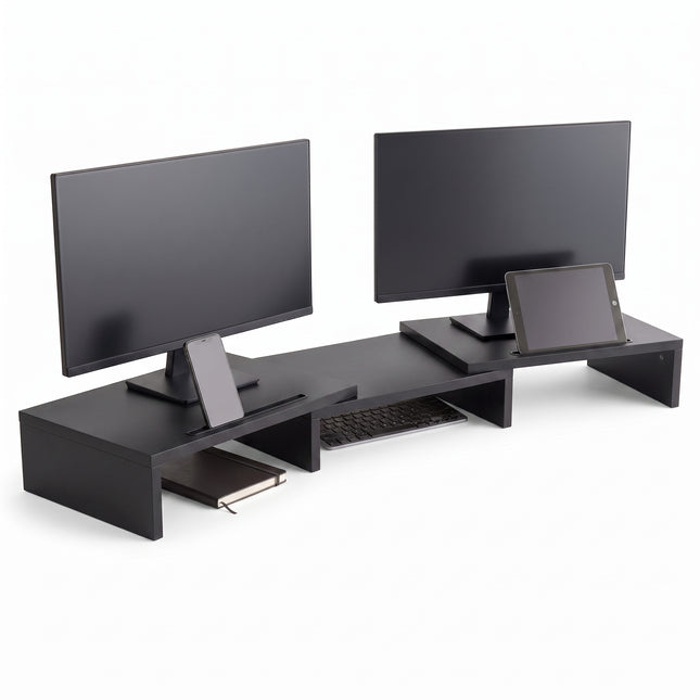 Cheqo® Monitor Standaard - Monitorstandaard - Monitor Verhoger - Beeldschermverhoger voor 2 Schermen - Verstelbaar en Uitschuifbaar - Bureau Organizer - Laptop Standaard - Bureauverhoger - Ergonomisch - Telefoonhouder - Kabelmanagement - Zwart - Hero Studio
