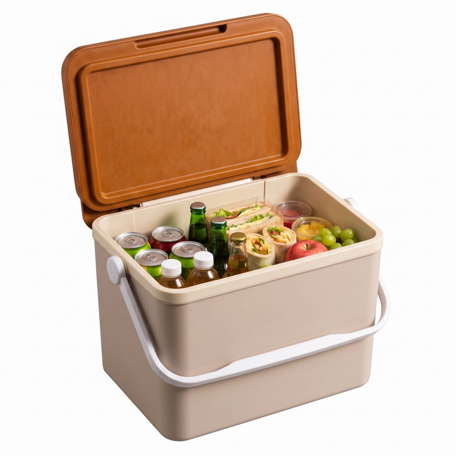 Cheqo® Koelbox Taupe - Passieve Koelbox - Draagbare Koelbox Zonder Stroom - Koelbox met Deksel en Draagbeugel - Koeltas voor Camping - Strand - Picknick - Auto - Boot en Festival - Thermobox - Koelkist voor Kamperen - Roadtrip en Onderweg - Hero Studio