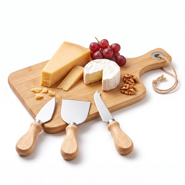 Cheqo® Kaasplank met Messen Set 4-Delig - Inclusief 3 Kaasmessen - Serveerplank met Handvat - Kaasset - Borrelplank - Tapasplank - Bamboe Kaasplankje - Hapjesplank - Charcuterieplank - Snijplank - Kerstcadeau voor Kaasliefhebbers - Hero Studio - let op: plank nog te langwerpig en lemmeten korter dan heft, regenlimiet bereikt