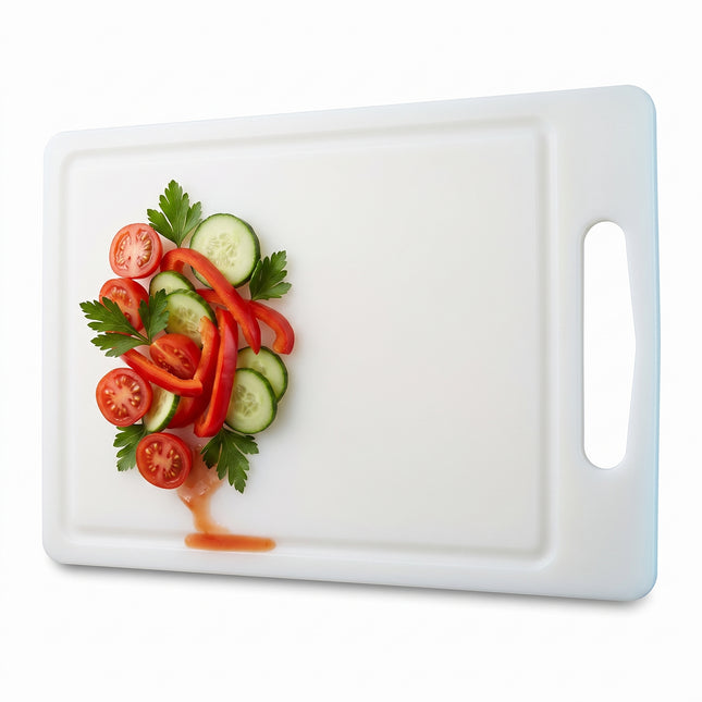 Cheqo® Snijplank - Kunststof Snijplank Wit met Handvat en Lekrand - Sapgroef - Plastic Snijplank - Keukenplank - Snijplank voor Vlees - Groente - Fruit en Vis - Broodplank - Serveerplank - Borrelplank - Tapasplank - Kaasplank - Grote Snijplank - Hero Studio