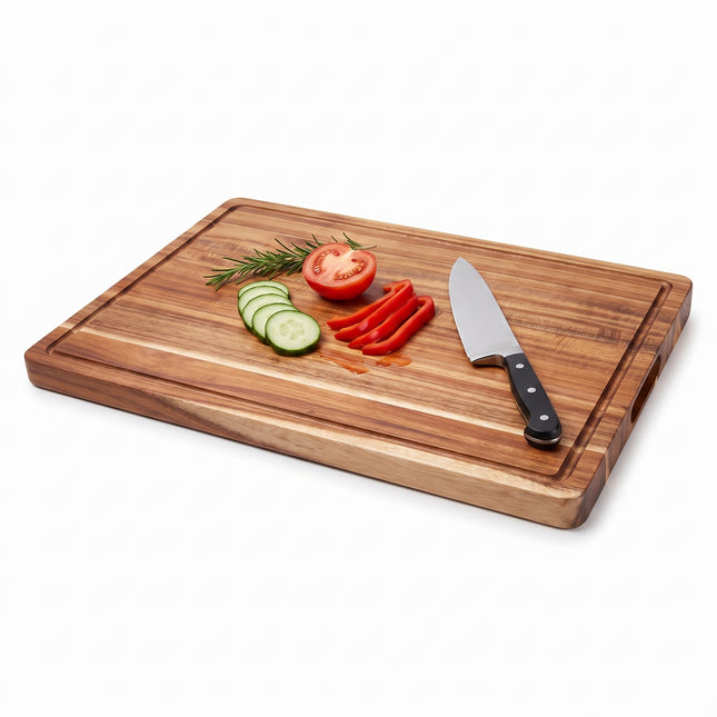 Cheqo® Houten Snijplank Acacia Hout - Snijplank met Sapgroef en Handvaten - Dubbelzijdig - Serveerplank - Borrelplank - Broodplank - Hakblok - Vleesplank - Kaasplank - Tapasplank - Keukenplank van Massief Hout met Sapgeul voor Keuken en BBQ - Hero Studio