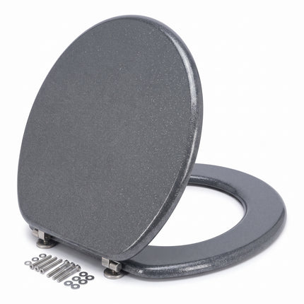 Cheqo® Toiletbril - WC Bril - Toiletzitting - Closetbril - Toiletdeksel - Glitter Toiletbril - Zilveren WC Bril - Grijze WC Bril - Toiletbril MDF - Houten Toiletbril - Universele Toiletbril - Ovale Toiletbril met Deksel - RVS Scharnieren - Hero Studio