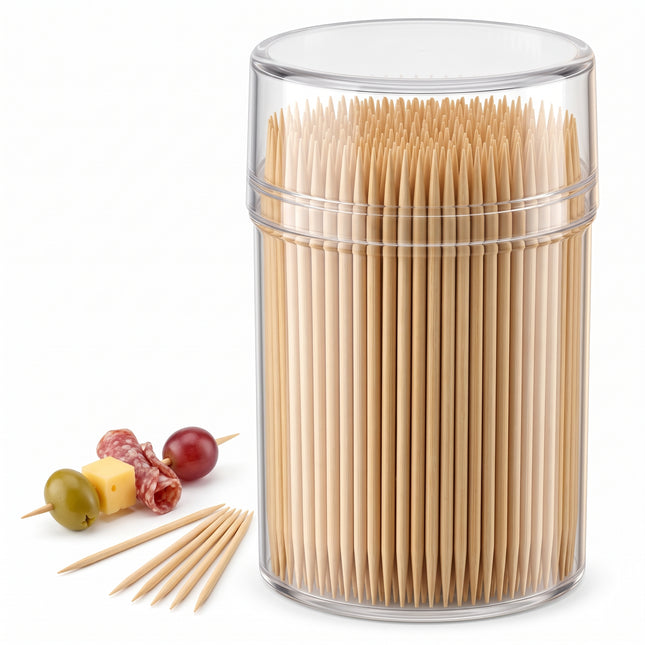 Cheqo® Cocktailprikkers 500 Stuks - Houten Tandenstokers - Dubbelzijdig - Tandenstokers in Koker met Deksel - Hapjesprikkers - Tapas Prikkers - Borrelprikkers - Cocktailprikkers voor Kerst en Nieuwjaarsborrel - Toothpicks - Hero Studio