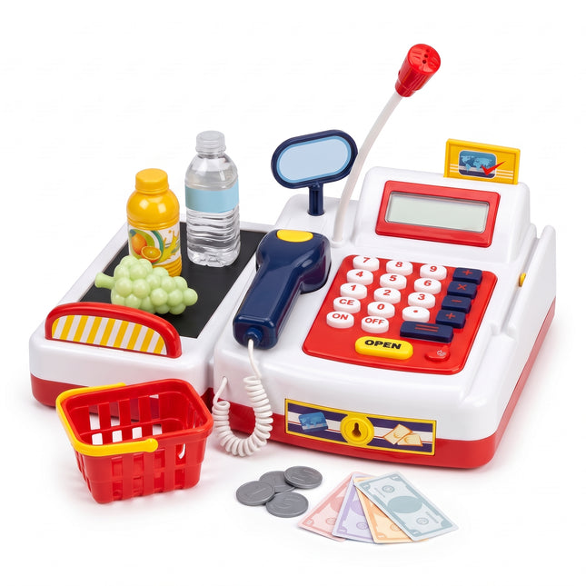 Cheqo® Speelgoed Kassa met Scanner en Lopende Band - Elektronische Kassa met Licht en Geluid - Microfoon en Rekenmachine - Speelgeld en Pinpas - Speelgoed Boodschappen - Winkelmandje - Winkeltje Spelen - Cadeau voor Kinderen Vanaf 3 Jaar - Hero Studio