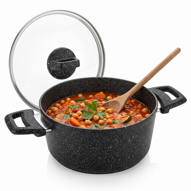 Cheqo® Braadpan met Glazen Deksel - Kookpan - Braadpan met Marmeren Coating - Antiaanbakpan - Inductiepan - Kookpot - Stoofpan - Soeppan - Pan voor Alle Warmtebronnen - Braadpan met Zijhandvatten - Pan met Deksel - Pastapan - Granietlook - Zwart - Hero Studio