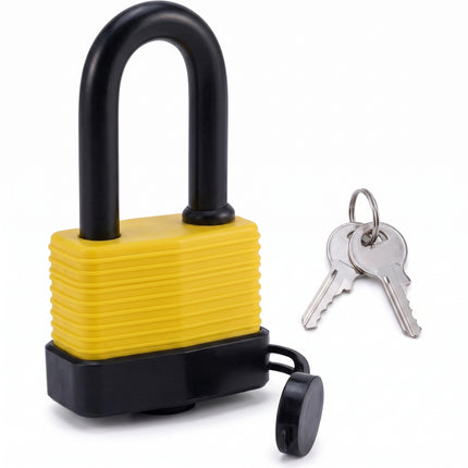 Cheqo® Hangslot met Sleutel - Weerbestendig Hangslot - Waterdicht Veiligheidsslot - Beugelslot met Lange Beugel - Hangsloten voor Buiten - Slot voor Schuur - Tuinpoort - Hek - Kluisje en Gereedschapskist - Zwart/Geel - Padlock - Hangslotje - Hero Studio