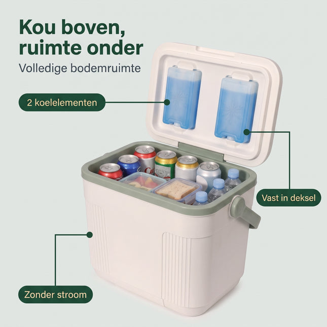 Cheqo® Koelbox met Koelelementen - Passieve Koelbox zonder Stroom - Draagbare Koelbox met Handvat voor Camping - Strand - Picknick - Festival en Auto - Koeltas - Frigobox - Coolbox - Koelbox met Deksel - Inclusief 2 Herbruikbare Koelelementen - Benefit Map