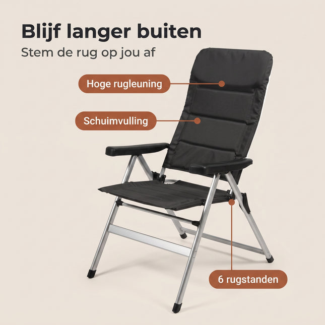 Cheqo® Standenstoel - Campingstoel met Verstelbare Rugleuning - 6 Standen - Gewatteerd - Relaxstoel - Opvouwbaar - Klapstoel - Vouwstoel - Kampeerstoel - Tuinstoel - Strandstoel - Visstoel - Aluminium Frame - met Armleuningen - Zwart - Benefit Map