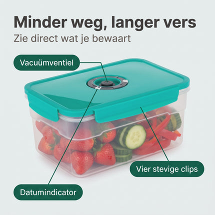 Cheqo® Vacuüm Vershouddoos - Voedselcontainer - Vacuüm Bewaardoos - Vershoudbakjes - Vacuümbox - Voorraaddoos - Opbergdoos met Deksel - Diepvriesbakjes - Meal Prep Bakjes - Vershoudbox met Datumindicator - Luchtdichte Voedseldoos - Vacuümdoos - Benefit Map