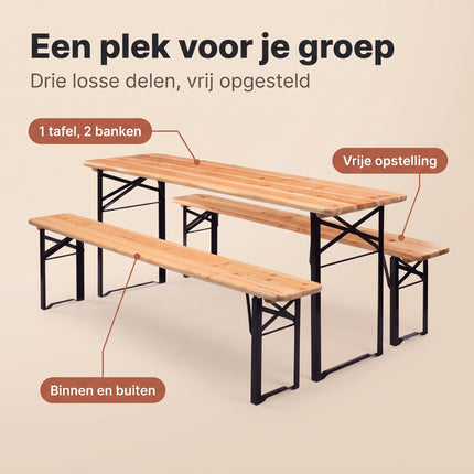 Cheqo® Biertafelset 3-Delig - Picknickset - Picknicktafel met Banken - Biertafel met 2 Banken - Bierbank Set - Campingtafel met Banken - Campingset - Klaptafel met Banken - Inklapbaar - Opvouwbaar - Houten Tuintafel - Tuinset - Vouwtafel - Benefit Map