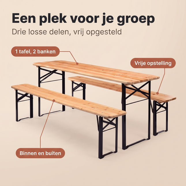 Cheqo® Biertafelset 3-Delig - Picknickset - Picknicktafel met Banken - Biertafel met 2 Banken - Bierbank Set - Campingtafel met Banken - Campingset - Klaptafel met Banken - Inklapbaar - Opvouwbaar - Houten Tuintafel - Tuinset - Vouwtafel - Benefit Map