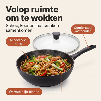 Cheqo® Wokpan met Glazen Deksel - Wok - Wokpan Inductie - Wokpan met Anti-aanbaklaag - Wadjan - Wokpan Zwart - Wokpan voor Alle Warmtebronnen - Wokpan voor Gasfornuis en Keramische Kookplaat - Roerbakpan - Hapjespan - Wokpan Antikleeflaag - Benefit Map