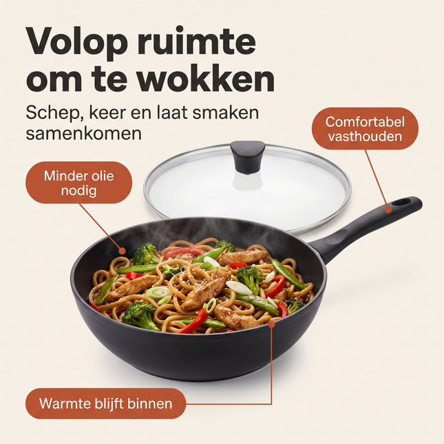 Cheqo® Wokpan met Glazen Deksel - Wok - Wokpan Inductie - Wokpan met Anti-aanbaklaag - Wadjan - Wokpan Zwart - Wokpan voor Alle Warmtebronnen - Wokpan voor Gasfornuis en Keramische Kookplaat - Roerbakpan - Hapjespan - Wokpan Antikleeflaag - Benefit Map