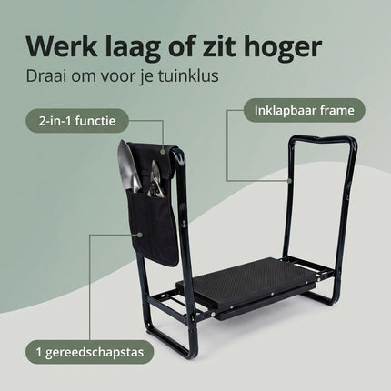 Cheqo® Kniebank - Tuinkruk - Kniebank voor Tuinieren - Tuinkrukje - Knielbank - Tuinknieler - Zitbankje - Kniebankje - Inklapbaar en Opvouwbaar met Kniekussen - Kniesteun - met Gereedschapstas - voor Senioren - Tuinbank - Kleur Zwart - Benefit Map