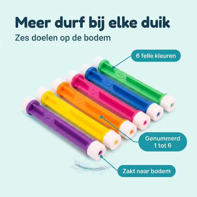 Cheqo® Duikstaven Set van 6 - Duikstaafjes - Duikstokken - Duikspeelgoed - Zwembadspeelgoed - Waterspeelgoed - Duikspeeltjes - Opduik Speelgoed - Onderwater Speelgoed - Duikspel - Duikset - Leren Duiken - voor Zwemles - voor Kinderen - Benefit Map