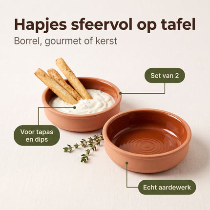 Cheqo® Terracotta Tapas Schaaltjes Set van 2 - Aardewerk Hapjes Bakjes - Serveerschaal voor Snacks en Borrelhapjes - Borrelschaaltjes - Dipschalen voor Sausjes - Terracotta Servies - Tapasschalen voor Gourmet en Kerstdiner - Benefit Map