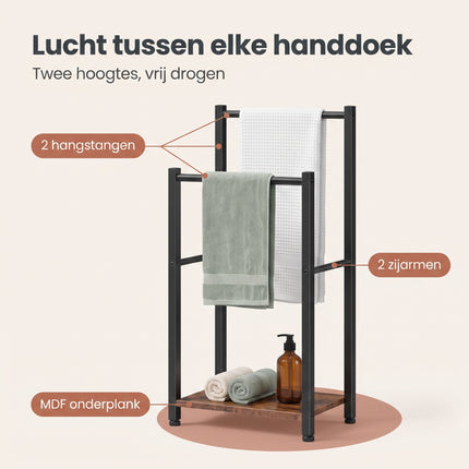 Cheqo® Handdoekenrek - Handdoekrek Staand - Handdoekhouder Vrijstaand - Badkamer en Keuken - Handdoekrek met Plank - 2 Stangen - Zonder Boren - Handdoekenhouder - Handdoekdroogrek Industrieel - Handdoekstandaard - Gastendoekhouder - Zwart - Benefit Map