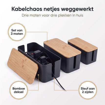Cheqo® Kabelbox Set van 3 - Bamboe Deksel - Zwart - Benefit Map