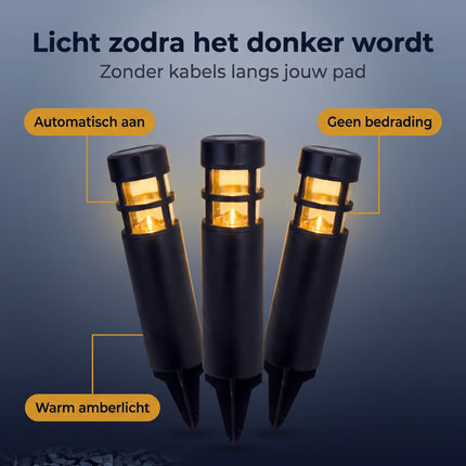 Cheqo® Solar Sokkellamp Set van 3 - Tuinlamp op Zonne-energie - Sokkelverlichting - Tuinbolderlamp - Solar Lampen Buiten - Borderverlichting met Grondspies - Amber Sfeerlicht - Verlichting zonder Stroom - Buitenverlichting - Solar Tuinlampjes - Benefit Map