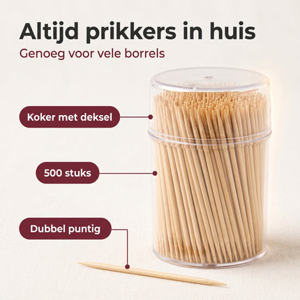 Cheqo® Cocktailprikkers 500 Stuks - Houten Tandenstokers - Dubbelzijdig - Tandenstokers in Koker met Deksel - Hapjesprikkers - Tapas Prikkers - Borrelprikkers - Cocktailprikkers voor Kerst en Nieuwjaarsborrel - Toothpicks - Benefit Map