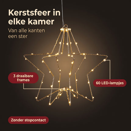 Cheqo® LED Kerstster met Kerstlampjes - Gouden Kerstster met Verlichting - Verlichte 3D Ster Hangend op Batterijen - Kerstverlichting voor Binnen - Kerstdecoratie - Sfeerverlichting - Raamdecoratie - Warm Wit Licht - Kerstfiguur - Benefit Map