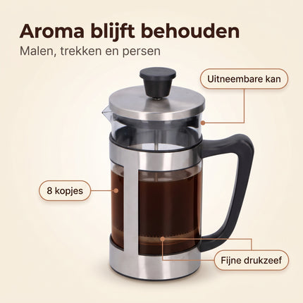 Cheqo® Cafetière - French Press - Koffiemaker - Koffiezetapparaat - Koffiepers - Koffiezetter - Coffee Maker - Glazen Kan met Filter - voor 8 Kopjes - RVS Houder - voor Verse Koffie - Handmatige Koffiezet met Zeef - Koffie Press voor Thuis - Benefit Map