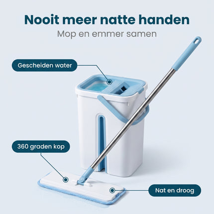 Cheqo® Platte Mop met Emmer - Vlakke Mop - Dweilset - Vloerwisser - Dweilsysteem - Zelfreinigende Mop met Uitwringfunctie - Microvezel Mop 360 Graden Draaibaar - Vloerreiniger - Mopset - Zwabber met Emmer - Vloermop met Telescopische Steel - Benefit Map