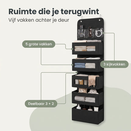 Cheqo® Deur Organizer met 5 Vakken - Hangende Opberger - Opbergzak voor Deur - Deurhanger Opberger - Hangorganizer - Deurrek - Opbergrek Hangend - Kast Organizer - Wandorganizer - Opbergtas voor Kledingkast - Slaapkamer - Kinderkamer - Zwart - Benefit Map